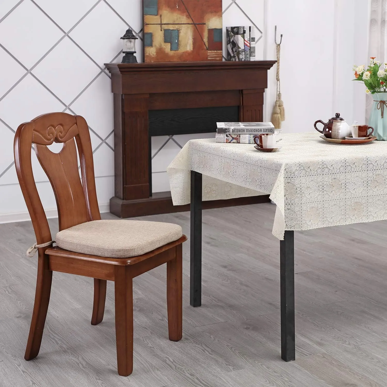 Chair Cushion with Ties for Dining Chairs - Memory Foam Non Slip Kitchen Chair Pad and Dining Seat Cushion with Machine Washable Cover Set of 4 [16.5 x 16.2 Inches] - Dark Beige
