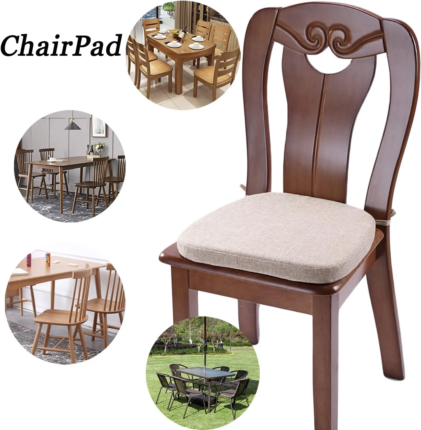Chair Cushion with Ties for Dining Chairs - Memory Foam Non Slip Kitchen Chair Pad and Dining Seat Cushion with Machine Washable Cover Set of 4 [16.5 x 16.2 Inches] - Dark Beige