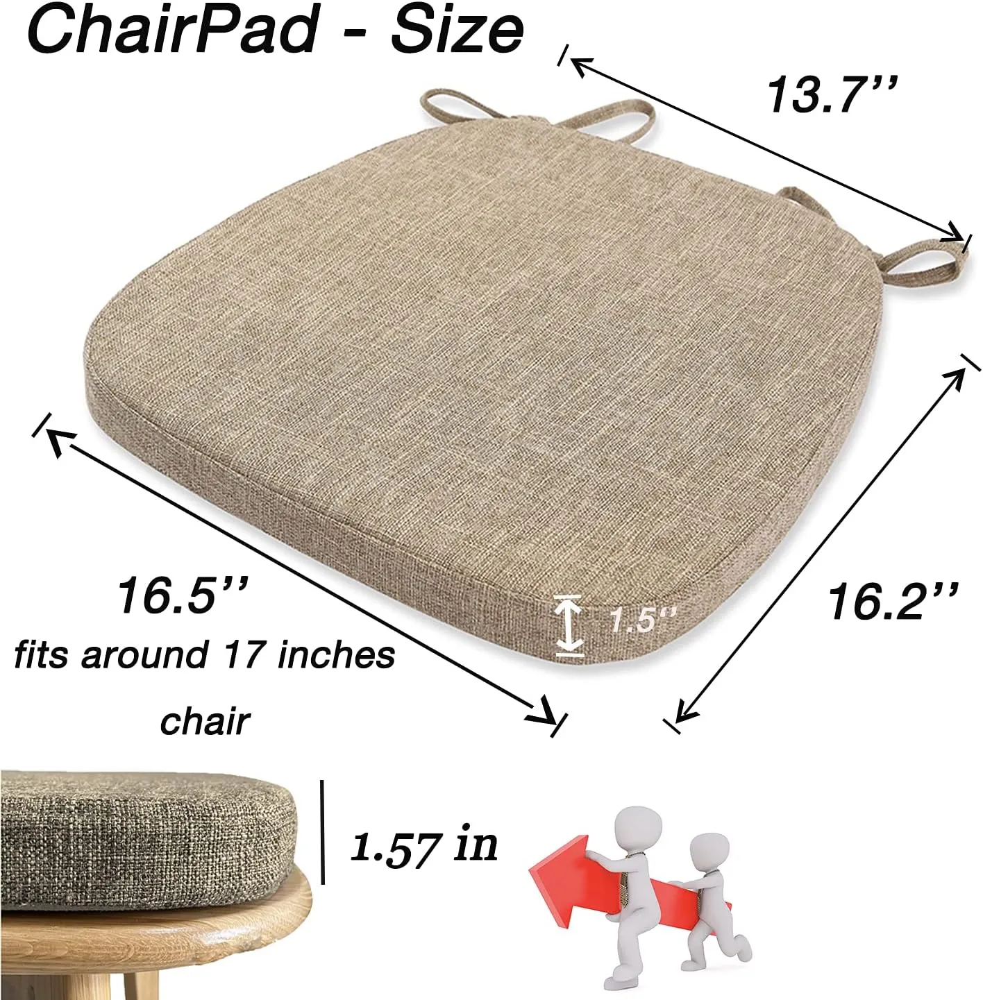 Chair Cushion with Ties for Dining Chairs - Memory Foam Non Slip Kitchen Chair Pad and Dining Seat Cushion with Machine Washable Cover Set of 4 [16.5 x 16.2 Inches] - Dark Beige