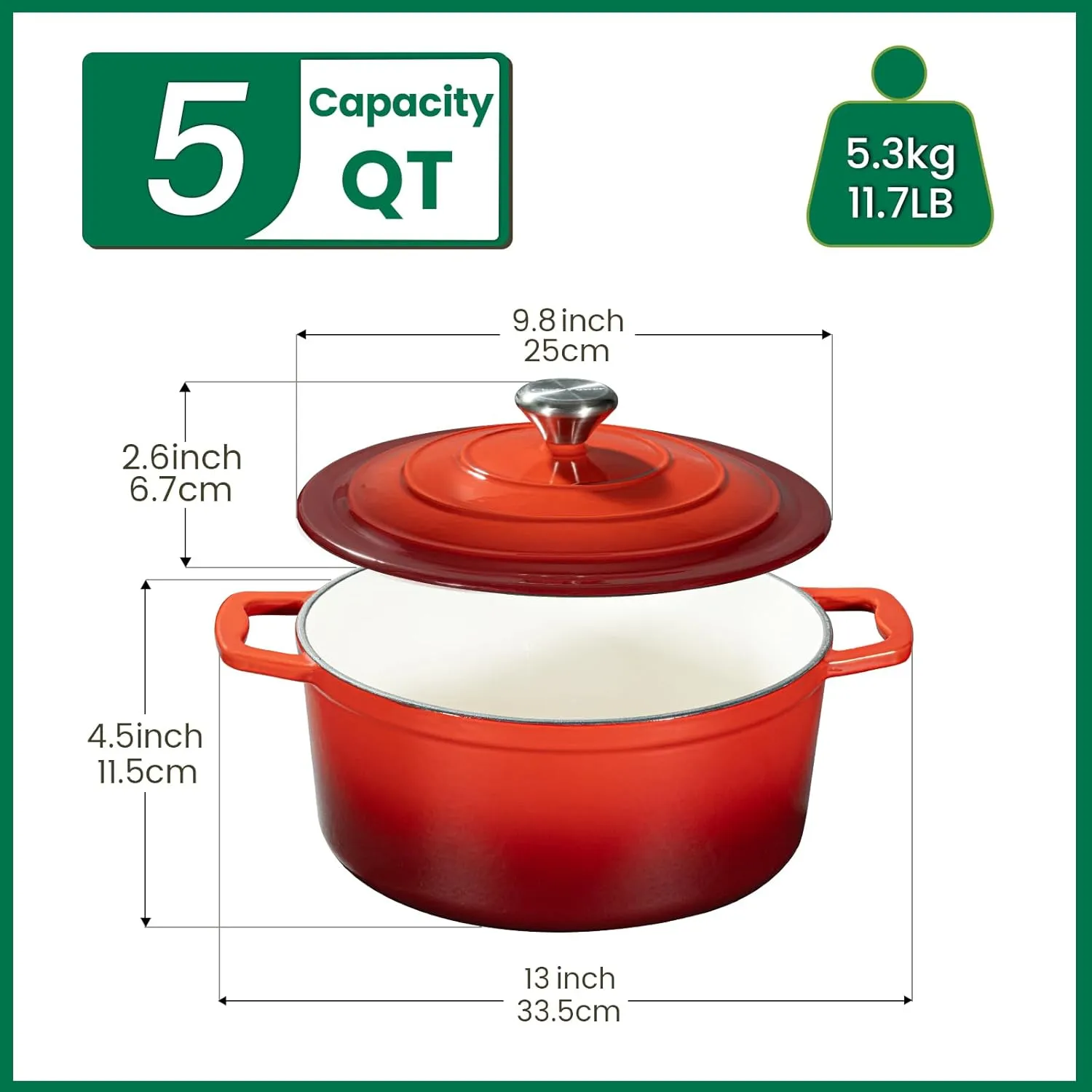 Chef Power Dutch Oven Pot with Lid 5QT, Enameled Cast Iron Dutch Oven for Bread Baking, Braising, Stews, Roasting, Oven Safe Dutch Ovens, Gradient Red