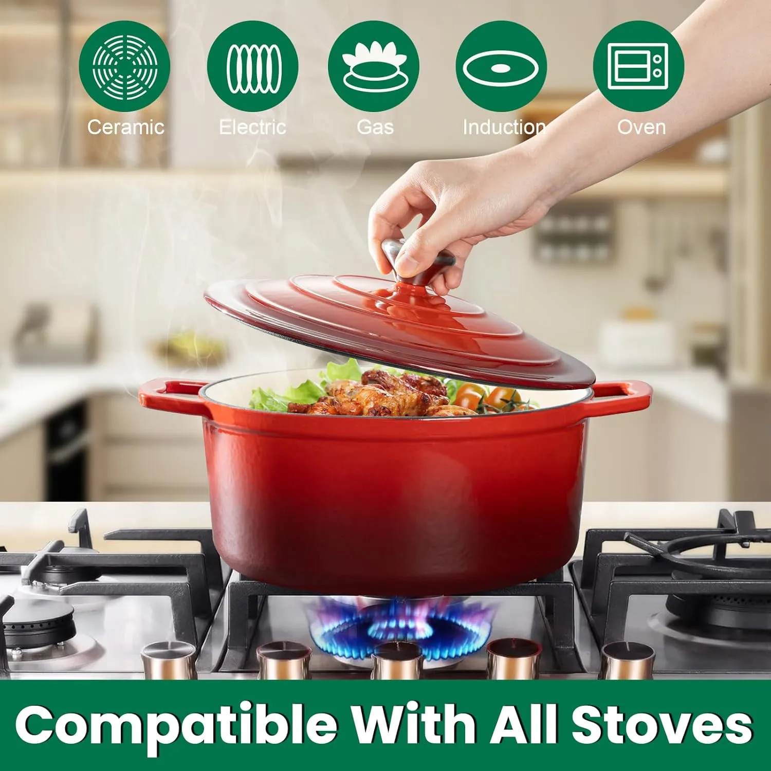 Chef Power Dutch Oven Pot with Lid 5QT, Enameled Cast Iron Dutch Oven for Bread Baking, Braising, Stews, Roasting, Oven Safe Dutch Ovens, Gradient Red