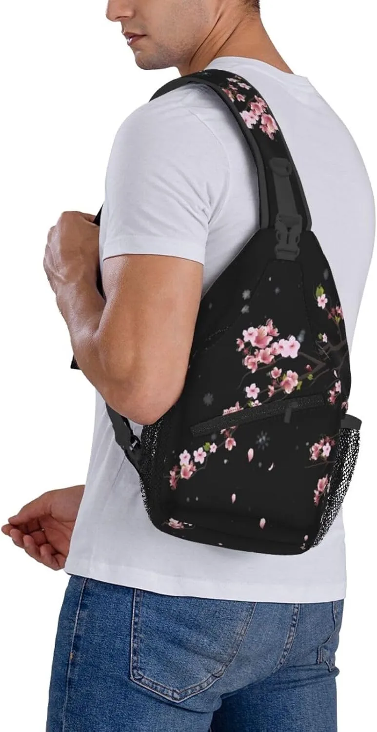 Cherry Blossom Crossbody Sling Bag for Women Men Falling Flower Petals Spring Blossoms Bloom Tree Branch Travel Sling Backpack Casual Shoulder Bag Asian Japanese Floral Hiking Daypack