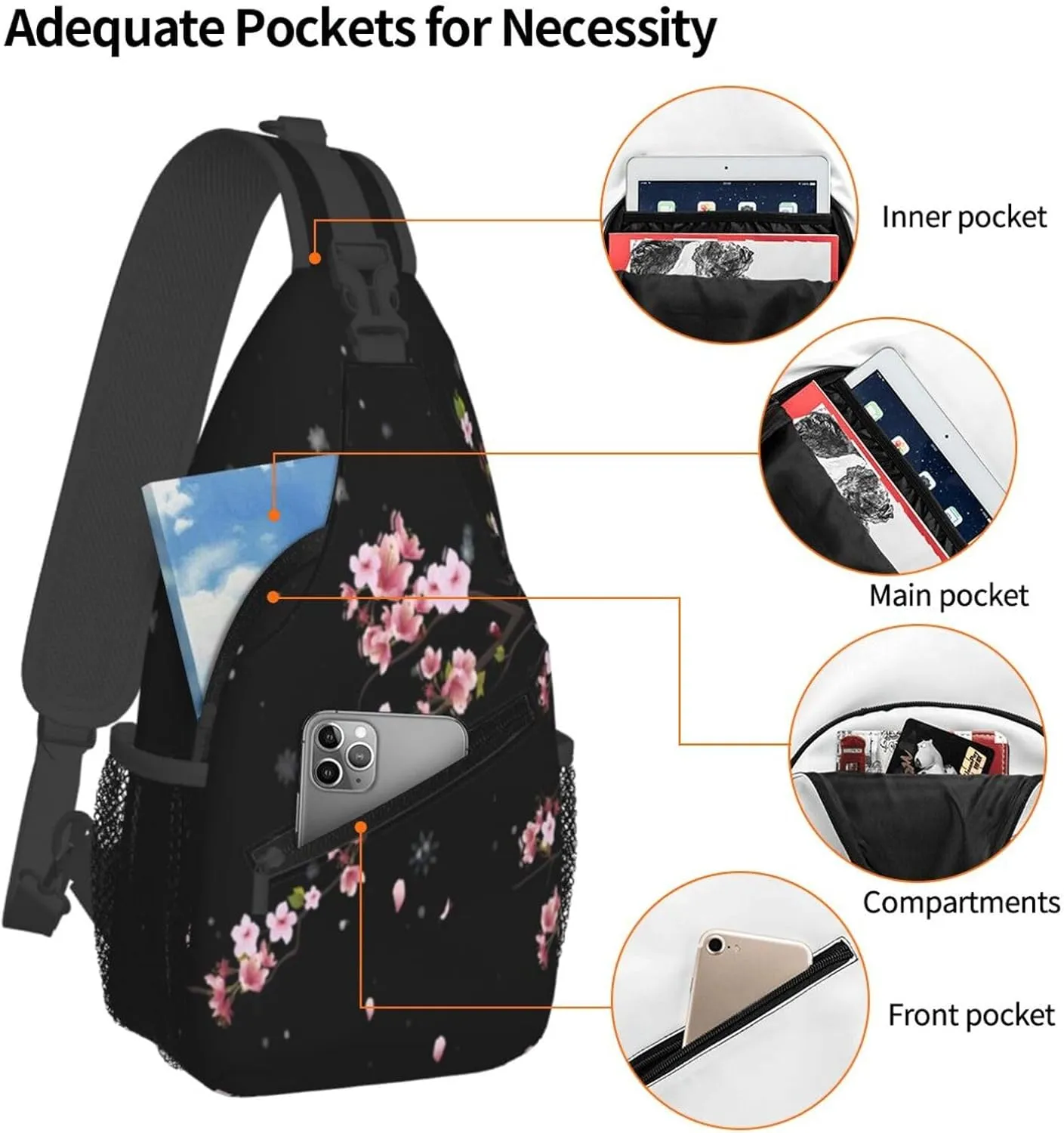 Cherry Blossom Crossbody Sling Bag for Women Men Falling Flower Petals Spring Blossoms Bloom Tree Branch Travel Sling Backpack Casual Shoulder Bag Asian Japanese Floral Hiking Daypack