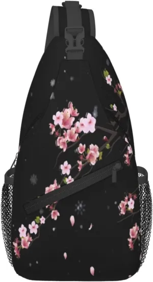 Cherry Blossom Crossbody Sling Bag for Women Men Falling Flower Petals Spring Blossoms Bloom Tree Branch Travel Sling Backpack Casual Shoulder Bag Asian Japanese Floral Hiking Daypack