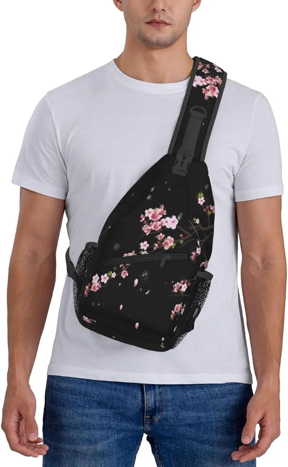 Cherry Blossom Crossbody Sling Bag for Women Men Falling Flower Petals Spring Blossoms Bloom Tree Branch Travel Sling Backpack Casual Shoulder Bag Asian Japanese Floral Hiking Daypack