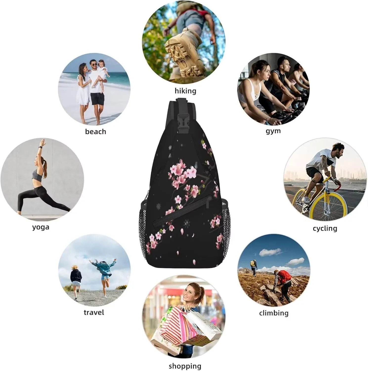 Cherry Blossom Crossbody Sling Bag for Women Men Falling Flower Petals Spring Blossoms Bloom Tree Branch Travel Sling Backpack Casual Shoulder Bag Asian Japanese Floral Hiking Daypack
