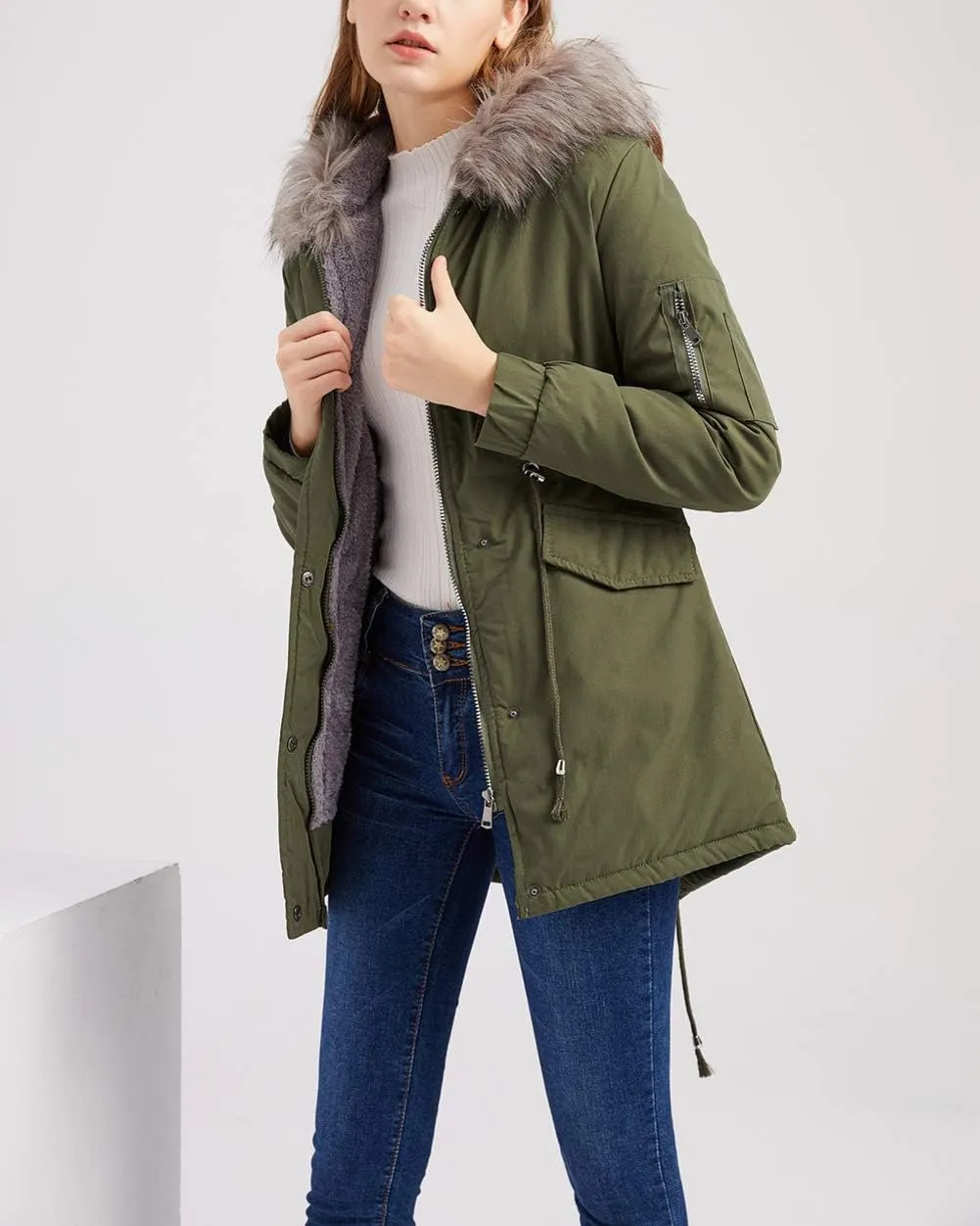 chouyatou Women's Winter Sherpa Lined Faux Fur Hooded Mid Long Safari Parka Coat