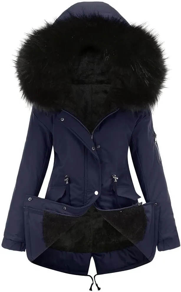 chouyatou Women's Winter Sherpa Lined Faux Fur Hooded Mid Long Safari Parka Coat
