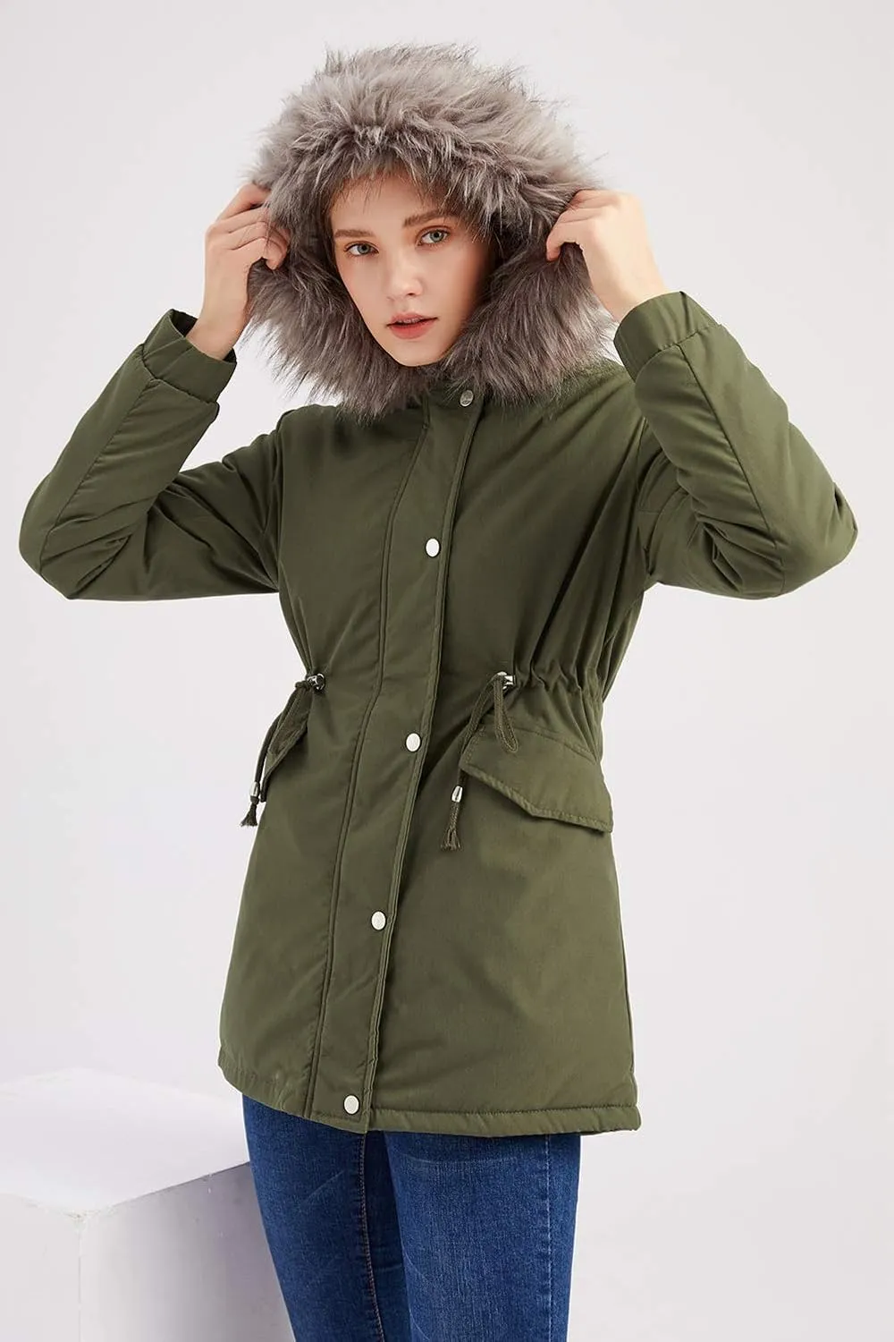 chouyatou Women's Winter Sherpa Lined Faux Fur Hooded Mid Long Safari Parka Coat