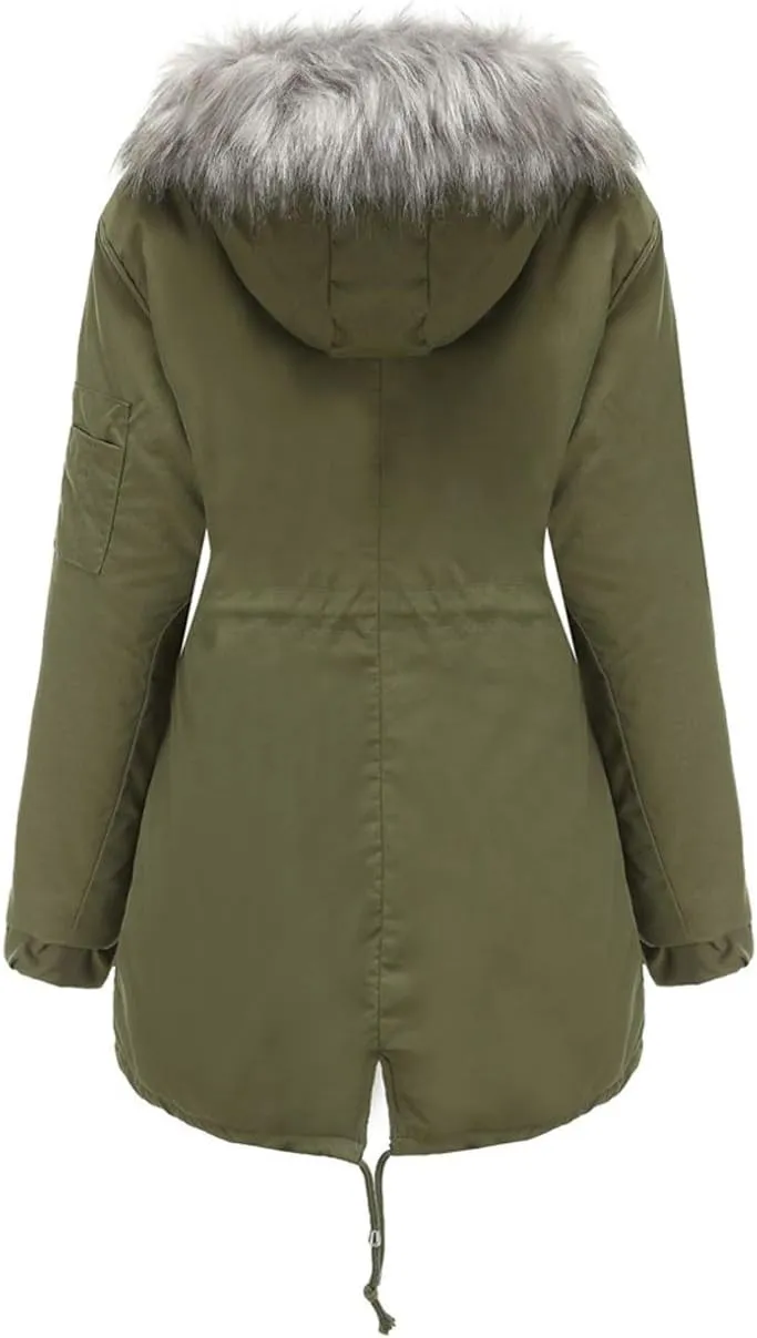 chouyatou Women's Winter Sherpa Lined Faux Fur Hooded Mid Long Safari Parka Coat