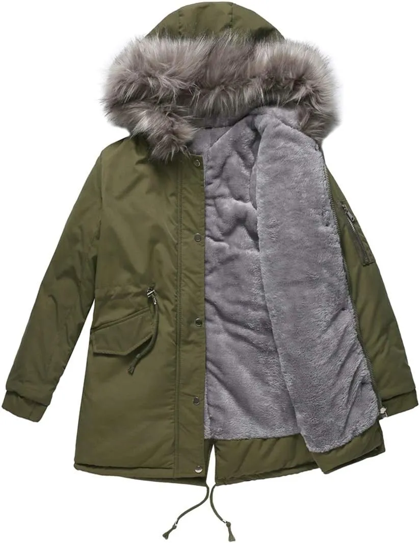 chouyatou Women's Winter Sherpa Lined Faux Fur Hooded Mid Long Safari Parka Coat