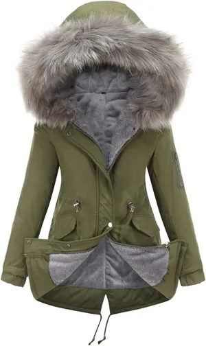 chouyatou Women's Winter Sherpa Lined Faux Fur Hooded Mid Long Safari Parka Coat