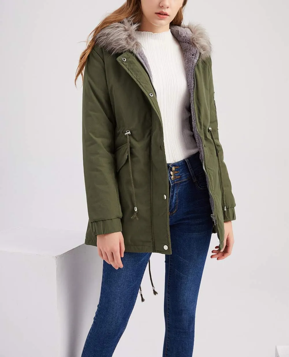 chouyatou Women's Winter Sherpa Lined Faux Fur Hooded Mid Long Safari Parka Coat