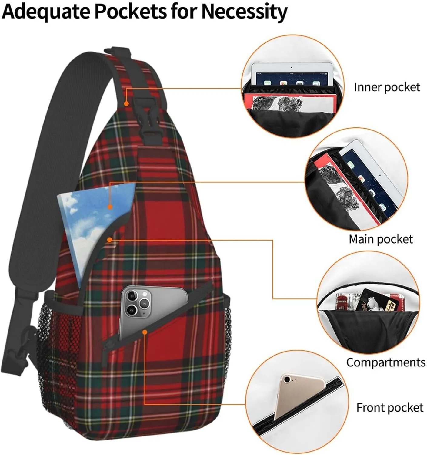 Christmas Plaid Crossbody Sling Backpack Travel Hiking Daypack For Men Women Shoulder Bag For Climbing Cycling