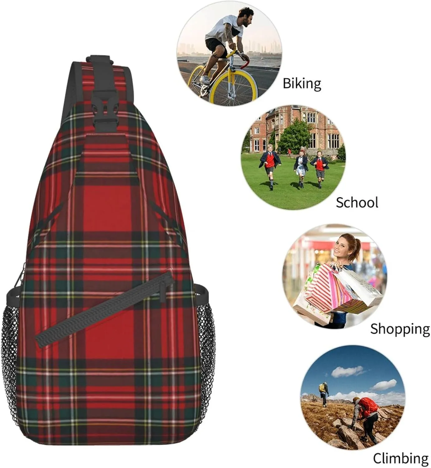 Christmas Plaid Crossbody Sling Backpack Travel Hiking Daypack For Men Women Shoulder Bag For Climbing Cycling