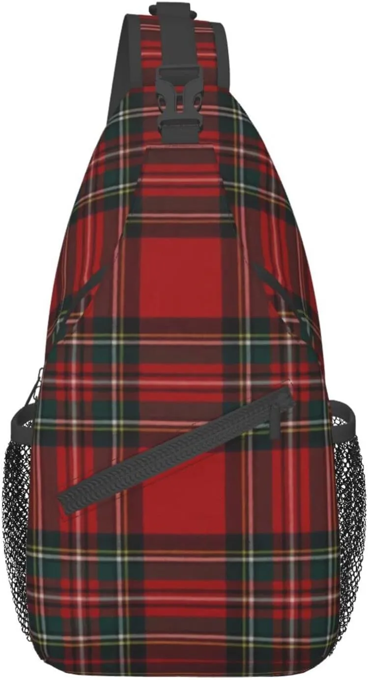 Christmas Plaid Crossbody Sling Backpack Travel Hiking Daypack For Men Women Shoulder Bag For Climbing Cycling