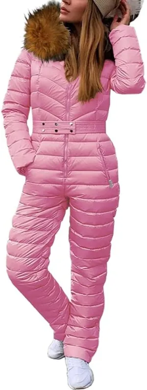 Cicy Bell Womens One Piece Ski Suits Winter Outdoor Sports Jumpsuit Fur Collar Coat Windproof Waterproof Hooded Snowsuit