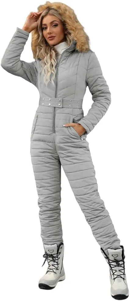 Cicy Bell Womens One Piece Ski Suits Winter Outdoor Sports Jumpsuit Fur Collar Coat Windproof Waterproof Hooded Snowsuit