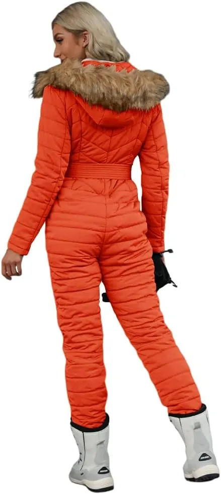 Cicy Bell Womens One Piece Ski Suits Winter Outdoor Sports Jumpsuit Fur Collar Coat Windproof Waterproof Hooded Snowsuit