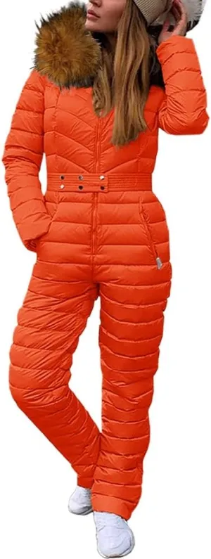 Cicy Bell Womens One Piece Ski Suits Winter Outdoor Sports Jumpsuit Fur Collar Coat Windproof Waterproof Hooded Snowsuit