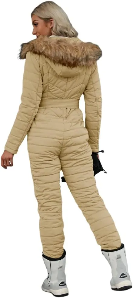 Cicy Bell Womens One Piece Ski Suits Winter Outdoor Sports Jumpsuit Fur Collar Coat Windproof Waterproof Hooded Snowsuit