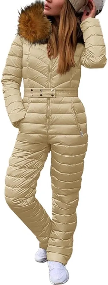 Cicy Bell Womens One Piece Ski Suits Winter Outdoor Sports Jumpsuit Fur Collar Coat Windproof Waterproof Hooded Snowsuit