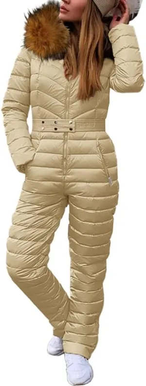 Cicy Bell Womens One Piece Ski Suits Winter Outdoor Sports Jumpsuit Fur Collar Coat Windproof Waterproof Hooded Snowsuit