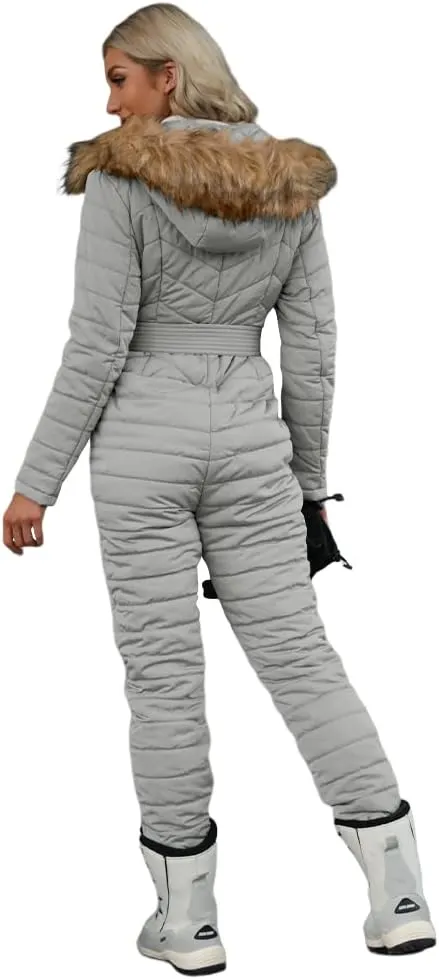 Cicy Bell Womens One Piece Ski Suits Winter Outdoor Sports Jumpsuit Fur Collar Coat Windproof Waterproof Hooded Snowsuit