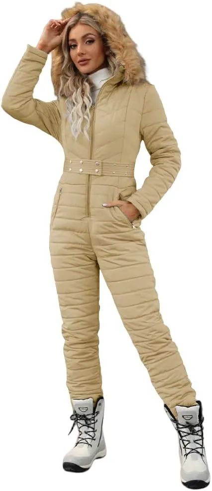 Cicy Bell Womens One Piece Ski Suits Winter Outdoor Sports Jumpsuit Fur Collar Coat Windproof Waterproof Hooded Snowsuit