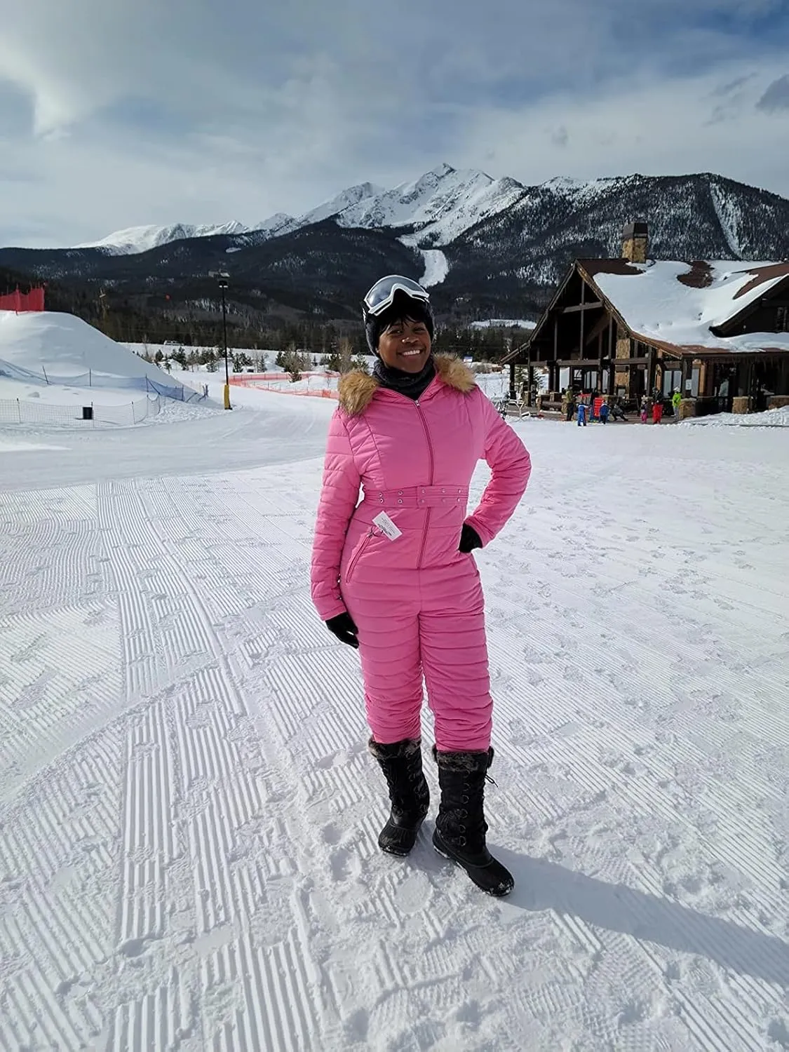 Cicy Bell Womens One Piece Ski Suits Winter Outdoor Sports Jumpsuit Fur Collar Coat Windproof Waterproof Hooded Snowsuit