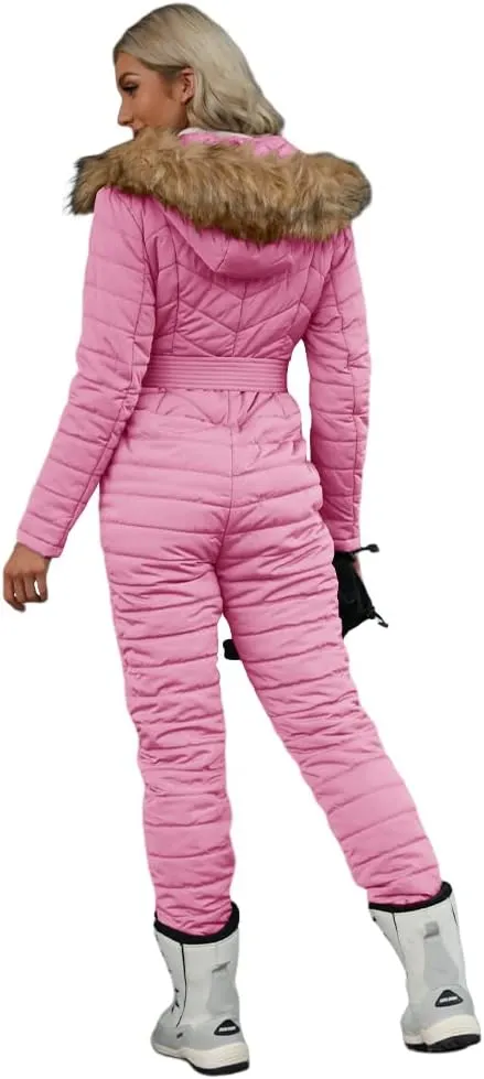 Cicy Bell Womens One Piece Ski Suits Winter Outdoor Sports Jumpsuit Fur Collar Coat Windproof Waterproof Hooded Snowsuit