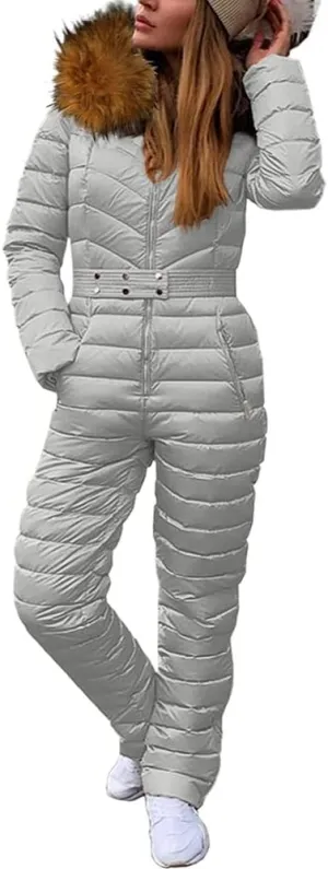 Cicy Bell Womens One Piece Ski Suits Winter Outdoor Sports Jumpsuit Fur Collar Coat Windproof Waterproof Hooded Snowsuit