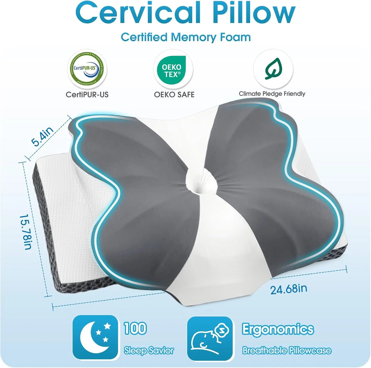 CloudBliss Cervical Memory Foam Pillow for Neck and Shoulder, Contour Neck Support Pillow with Cooling Case, Ergonomic Bed Pillow, Support for Side Back Stomach Sleepers (Grey, Queen Size)
