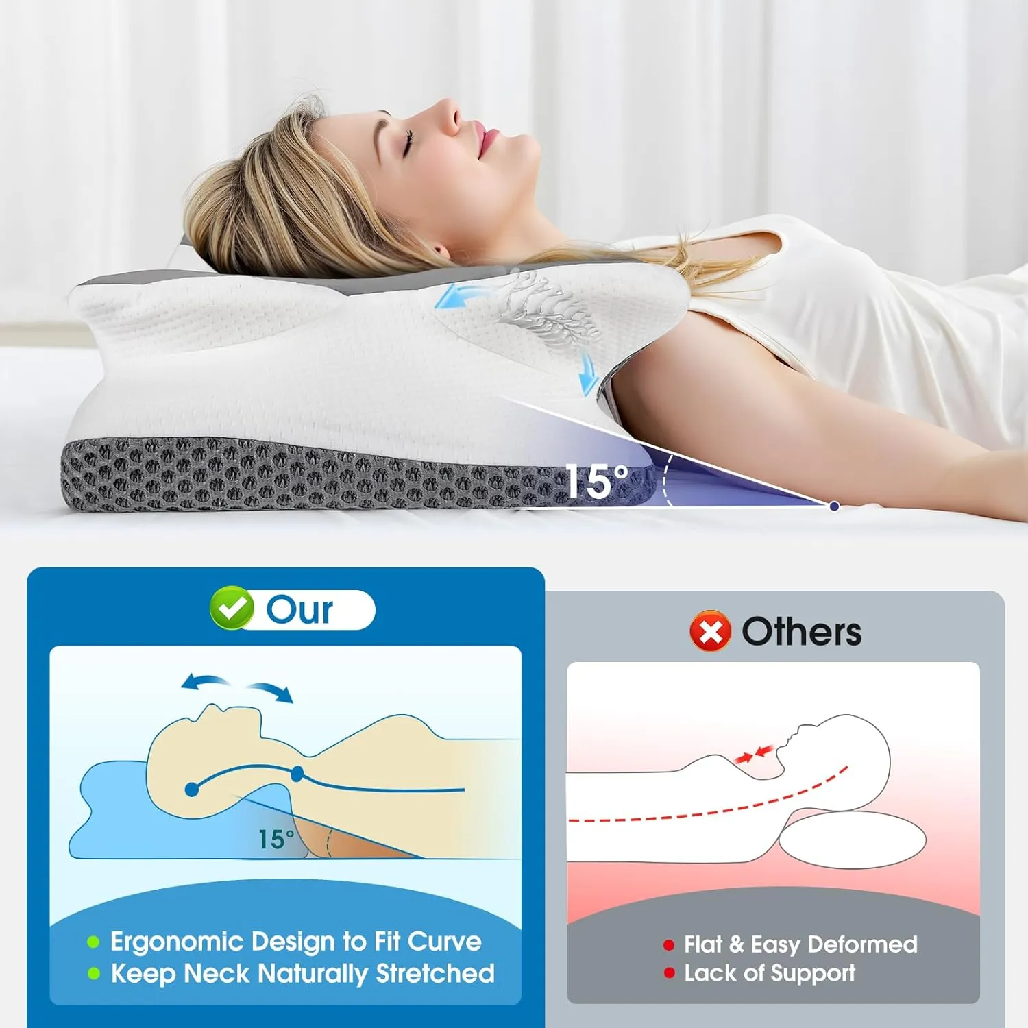 CloudBliss Cervical Memory Foam Pillow for Neck and Shoulder, Contour Neck Support Pillow with Cooling Case, Ergonomic Bed Pillow, Support for Side Back Stomach Sleepers (Grey, Queen Size)
