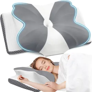 CloudBliss Cervical Memory Foam Pillow for Neck and Shoulder, Contour Neck Support Pillow with Cooling Case, Ergonomic Bed Pillow, Support for Side Back Stomach Sleepers (Grey, Queen Size)