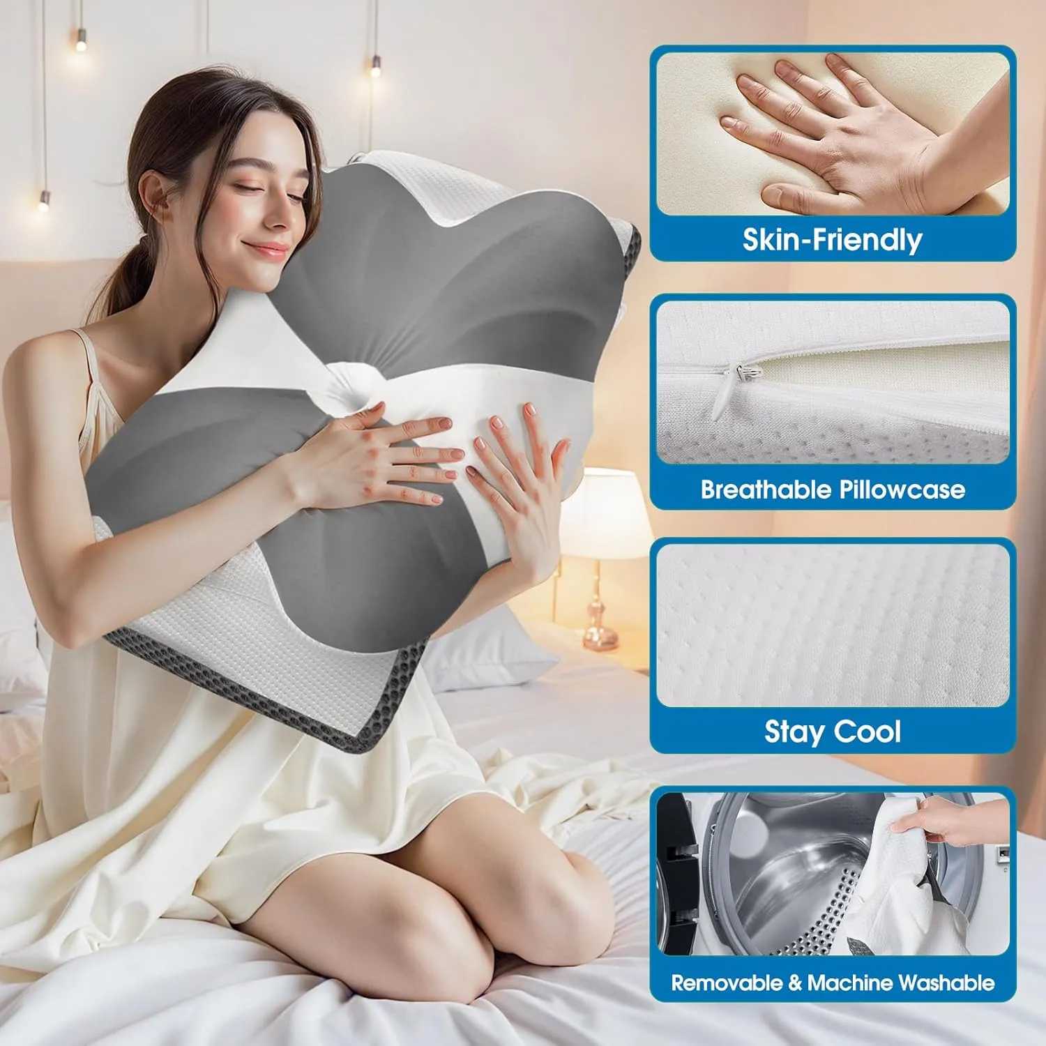 CloudBliss Cervical Memory Foam Pillow for Neck and Shoulder, Contour Neck Support Pillow with Cooling Case, Ergonomic Bed Pillow, Support for Side Back Stomach Sleepers (Grey, Queen Size)