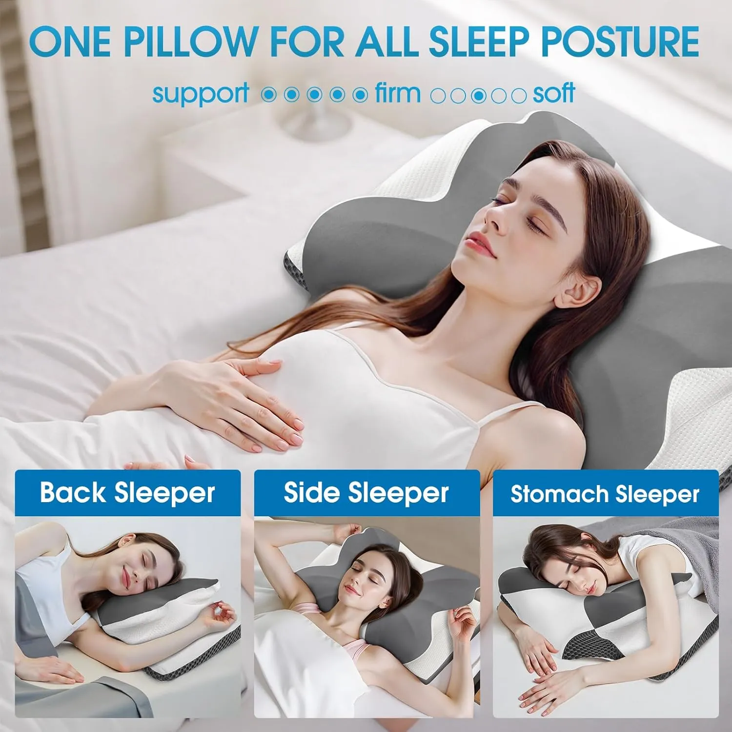 CloudBliss Cervical Memory Foam Pillow for Neck and Shoulder, Contour Neck Support Pillow with Cooling Case, Ergonomic Bed Pillow, Support for Side Back Stomach Sleepers (Grey, Queen Size)