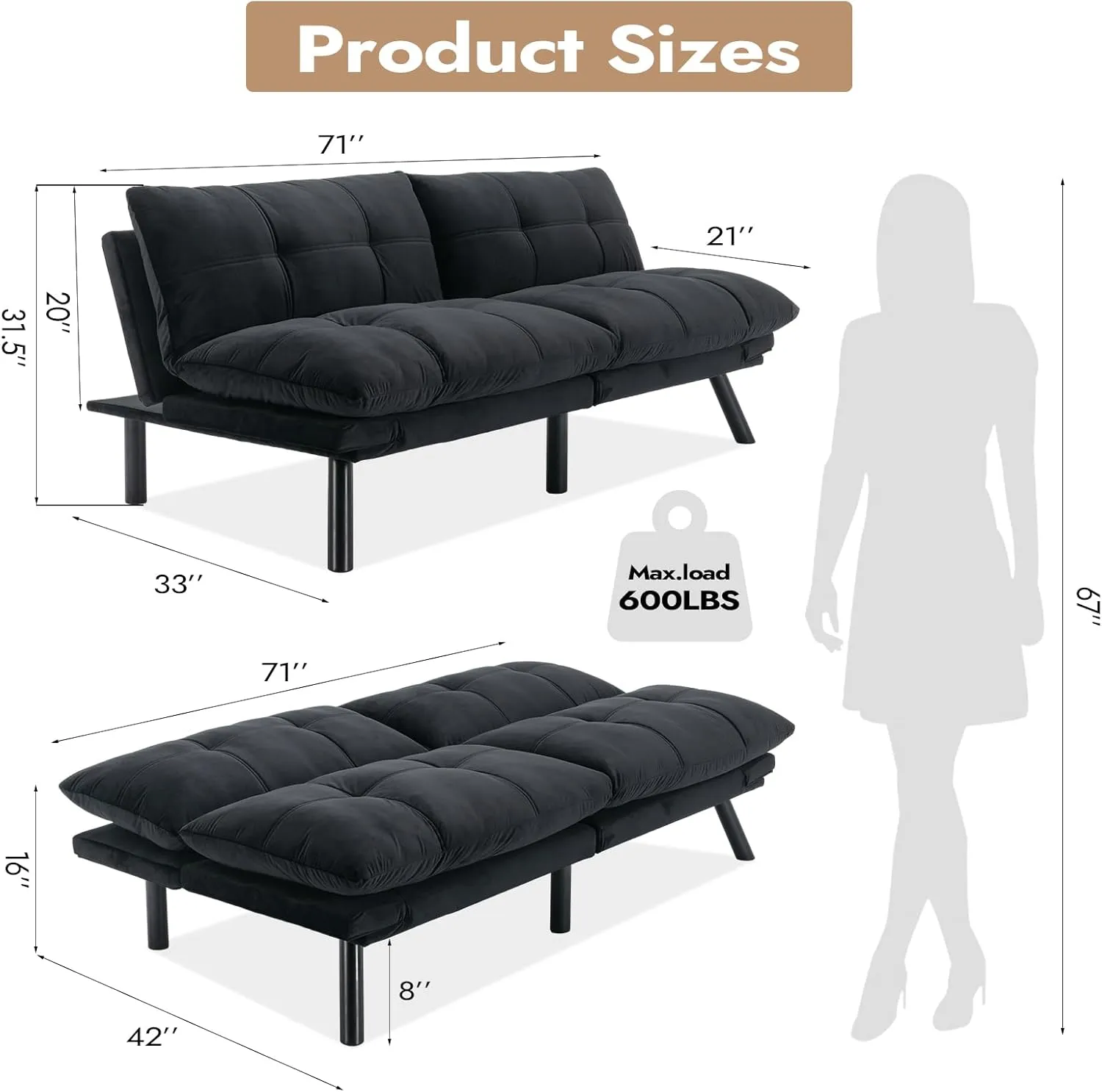 Comfortable Futon Sofa Bed, Memory Foam Loveseat, Convertible Adjustable Sofa Bed CouchSuitable for Office, Home, and Bedroom (Black)