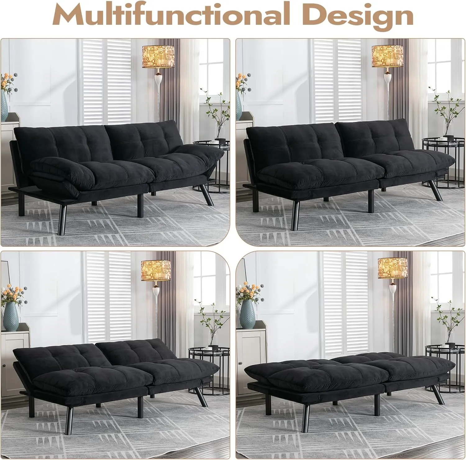 Comfortable Futon Sofa Bed, Memory Foam Loveseat, Convertible Adjustable Sofa Bed CouchSuitable for Office, Home, and Bedroom (Black)