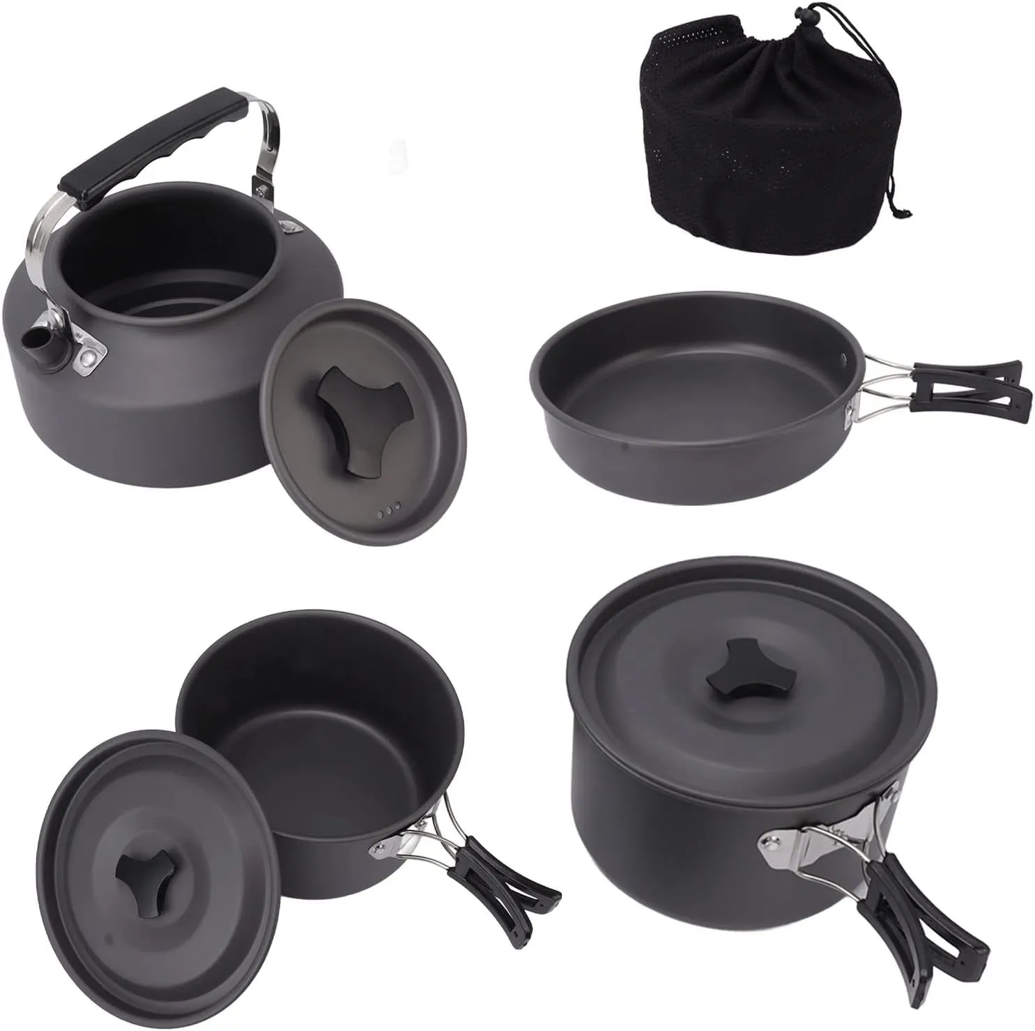 Compact Camping Cookware Set, Outdoor Cooking Pan and Pot Set with Storage Bag, Ideal for Hiking, Backpacking, and Picnics (Includes Kettle, Pot, Frying Pan)
