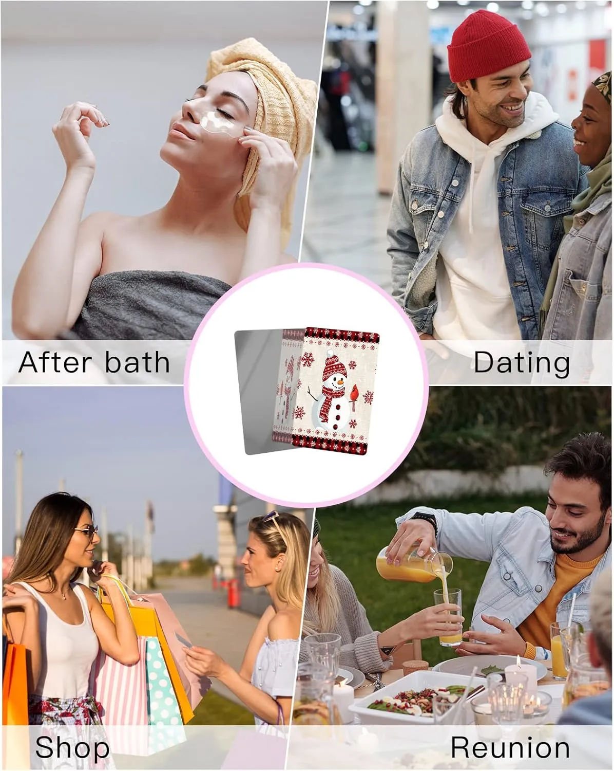 Compact Card Mirror, Unbreakable Stainless Steel Makeup Mirror Merry Christmas Red Black Buffalo Plaid Checks Snowman Print Rectangular Handheld Small Travel Mirror for Camping, Travelling