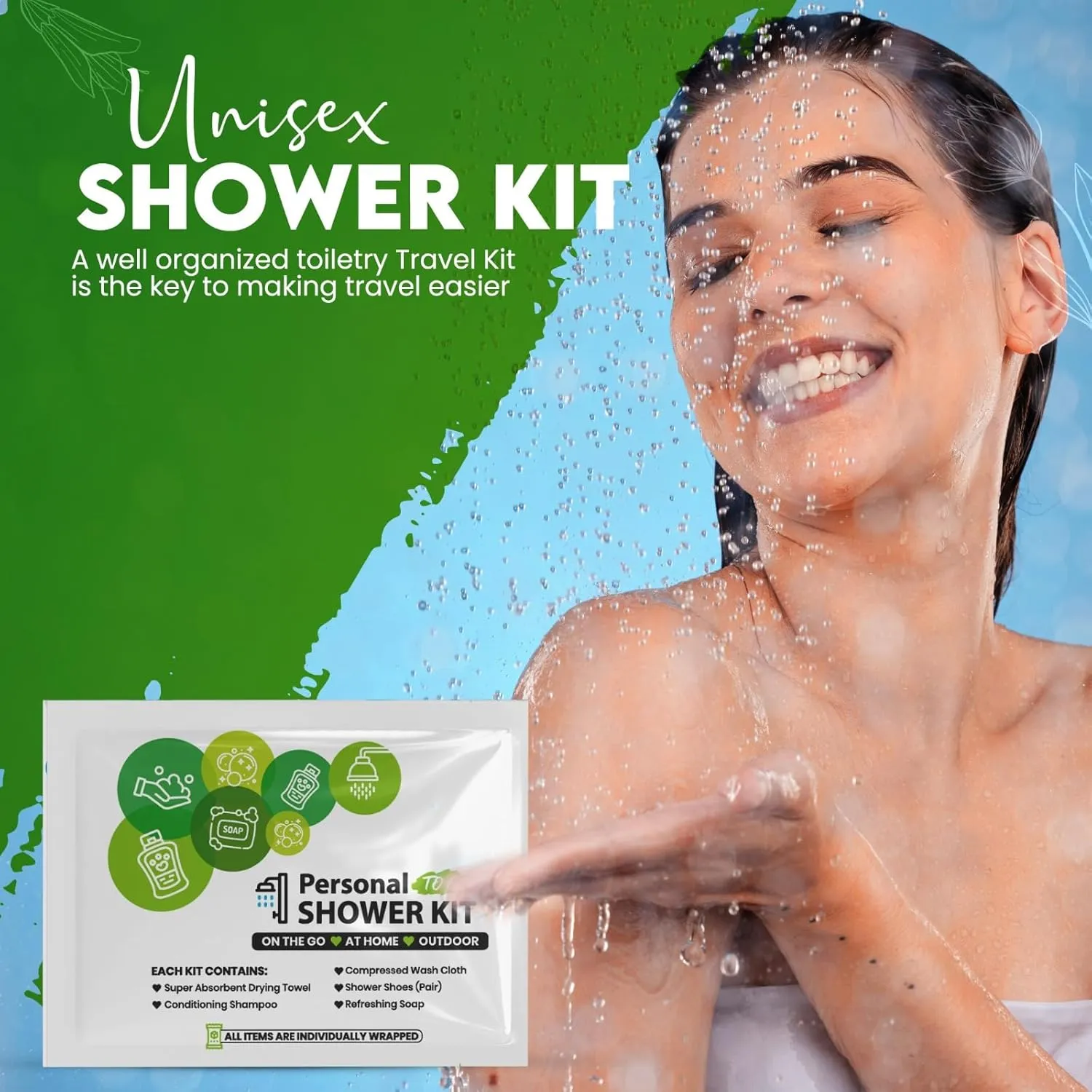 Compact Personal Shower Kit To-Go (Green) – Your Hygiene Companion for Travel, Gym, Camping | Shower on the Go | Shampoo, Soap, Towel. All in One (50)