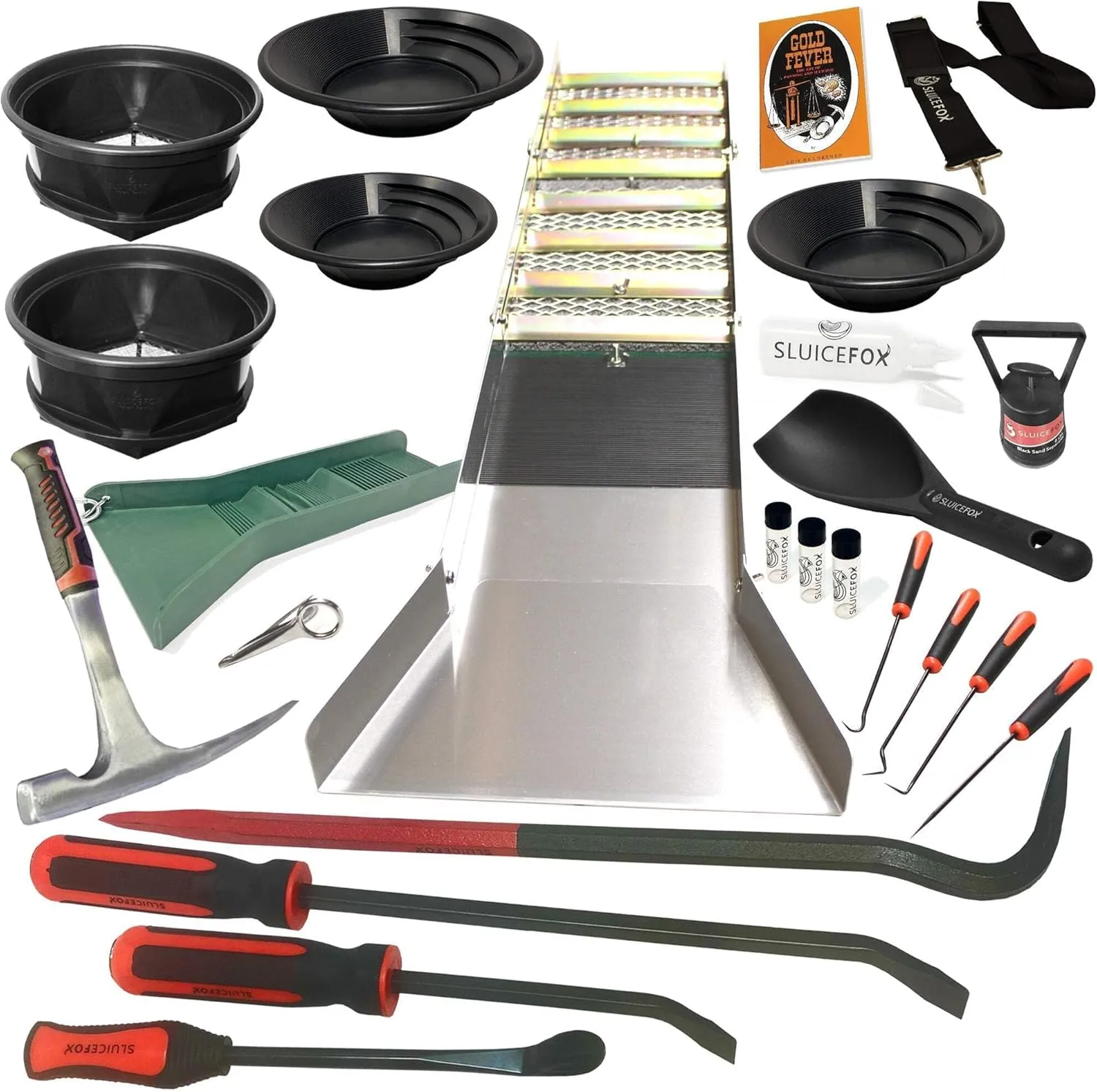 Complete Gold Mining Kit; Folding 50 inch Gold Sluice Box; Gold Prospecting Equipment; Rock Pick Hammer; Gold Classifiers; Pay Dirt Scoop; Crevice Tools and More