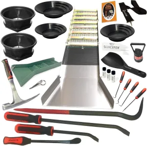 Complete Gold Mining Kit; Folding 50 inch Gold Sluice Box; Gold Prospecting Equipment; Rock Pick Hammer; Gold Classifiers; Pay Dirt Scoop; Crevice Tools and More