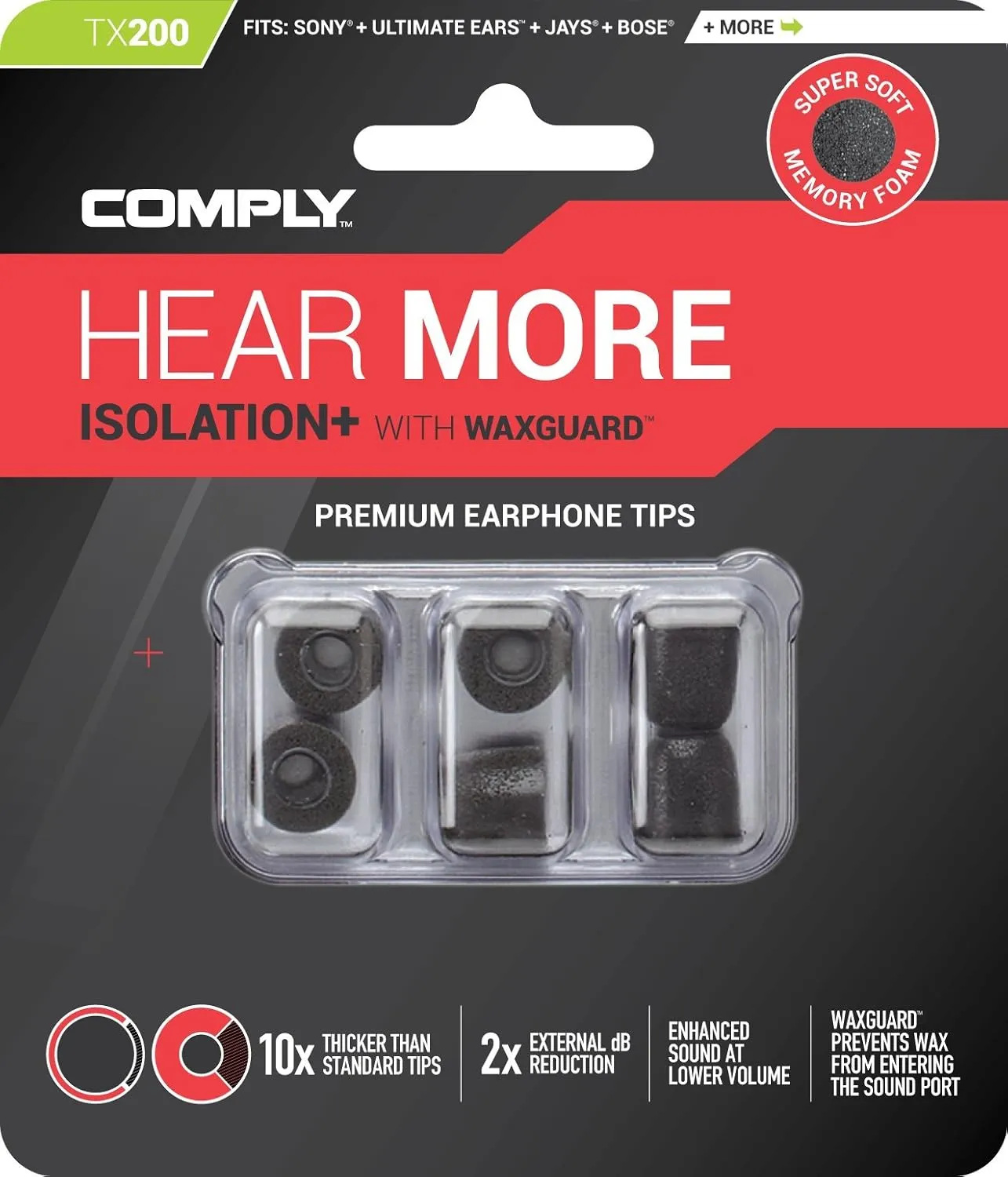 Comply 200 Core Series | Memory Foam Replacement IEM Ear Tips for Sennheiser, Bang Olufsen, Sony & More | Superior Noise Isolation, Ultimate Comfort, Secure Fit | TechDefender, Black, Medium (3 Pairs)