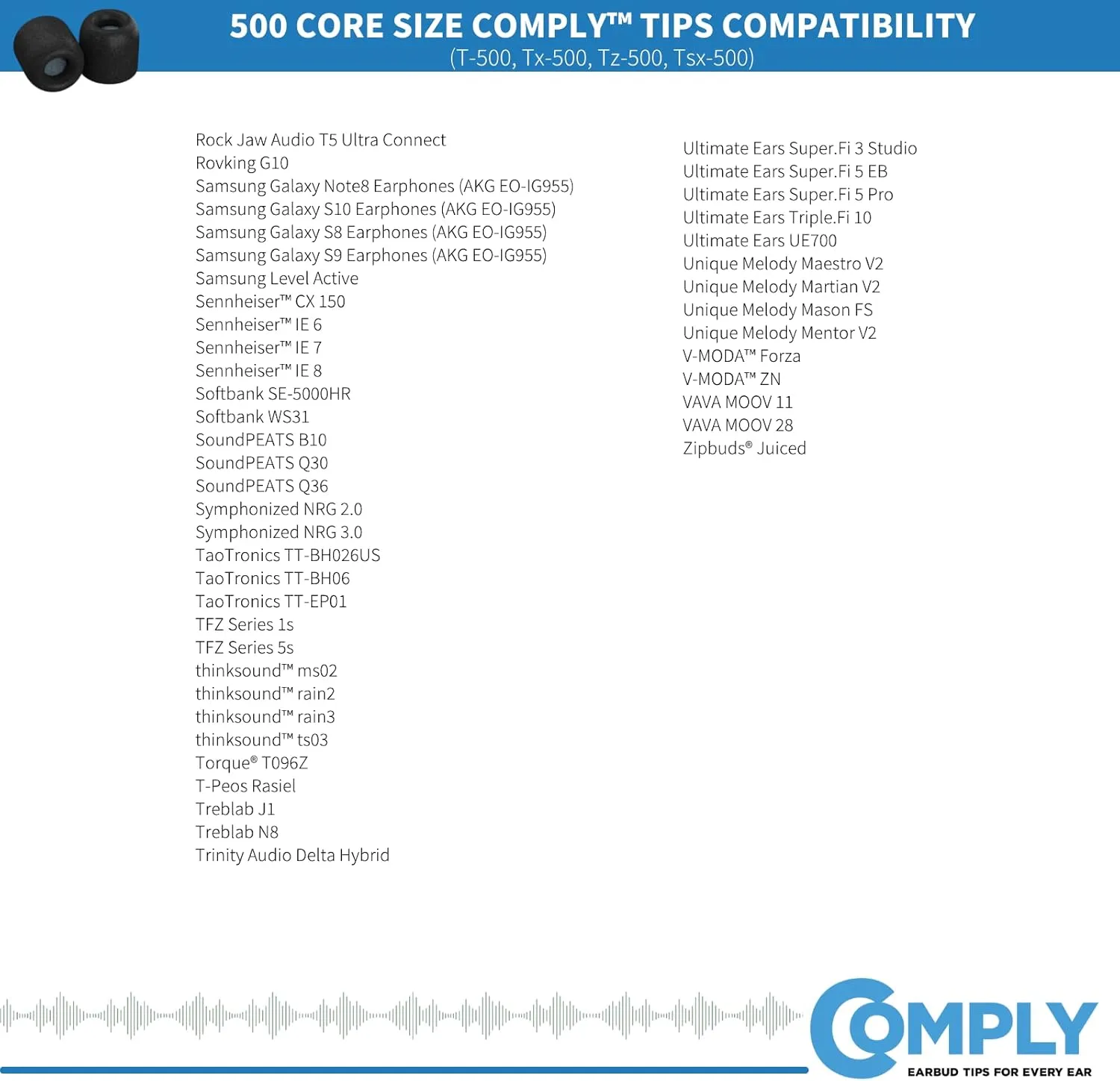 Comply 500 Core Series | Memory Foam Replacement IEM Ear Tips for KZ, Moondrop, FiiO Sennheiser & More | Superior Noise Isolation, Ultimate Comfort, Secure Fit | TechDefender, Black, Small (3 Pairs)