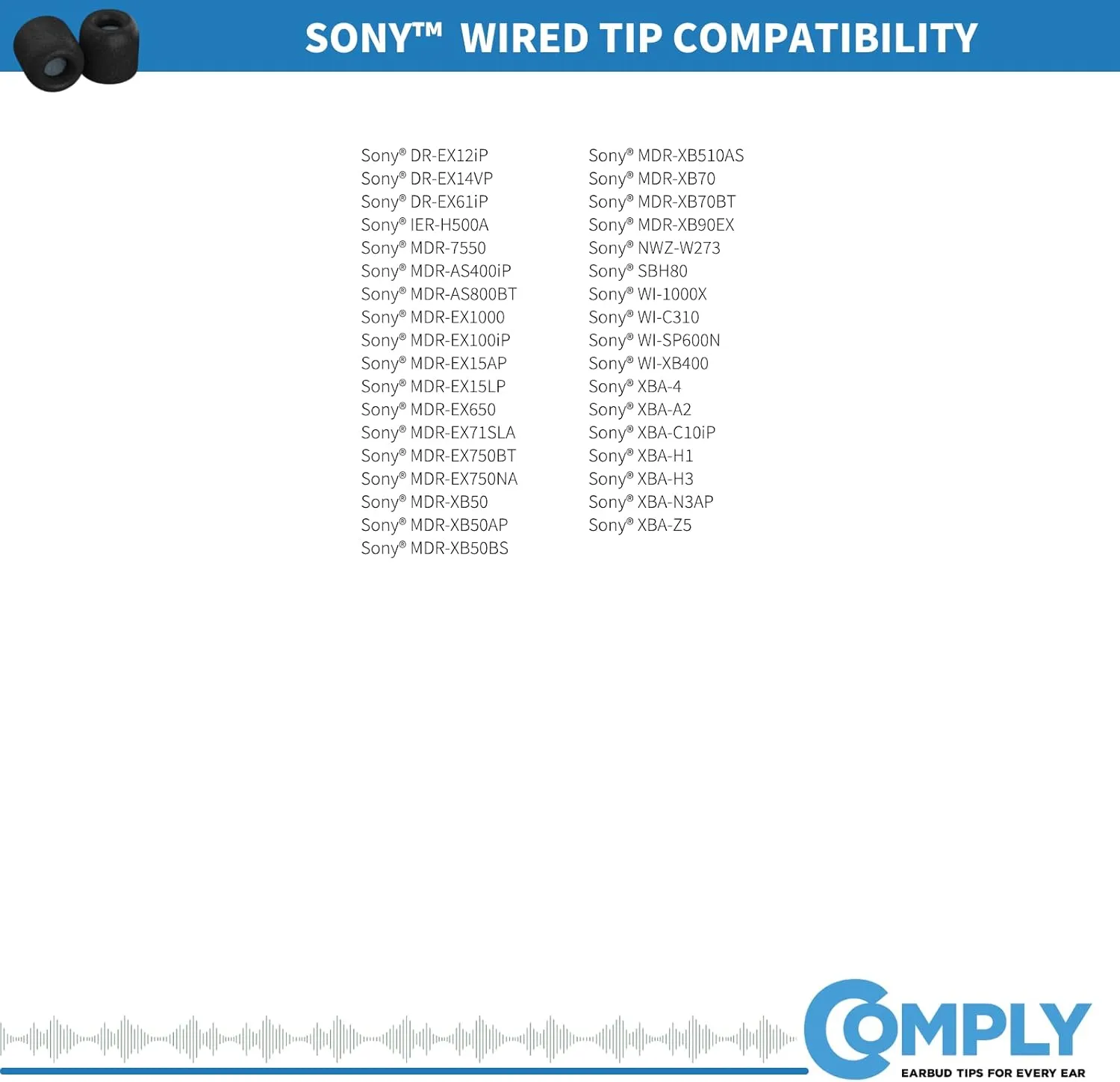 Comply Isolation Plus Replacement Memory Foam Ear Tips with WaxGuard for Sony MDR-XB50AP, XBA-Z5, MDR-EX1000, XBA-A2, MDR-EX1000, WI-1000X, & More | Black, Large (3 Pairs)