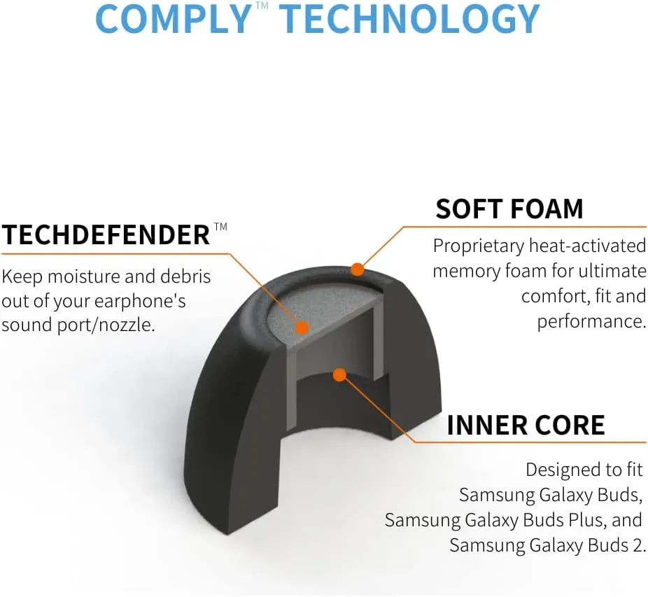 Comply Memory Foam Replacement Earbud Tips for Samsung Galaxy Buds, Galaxy Buds 2, Galaxy Buds Plus   | Ultimate Comfort, Secure Fit, Superior Noise Isolation | Black, Medium (3 Pairs)