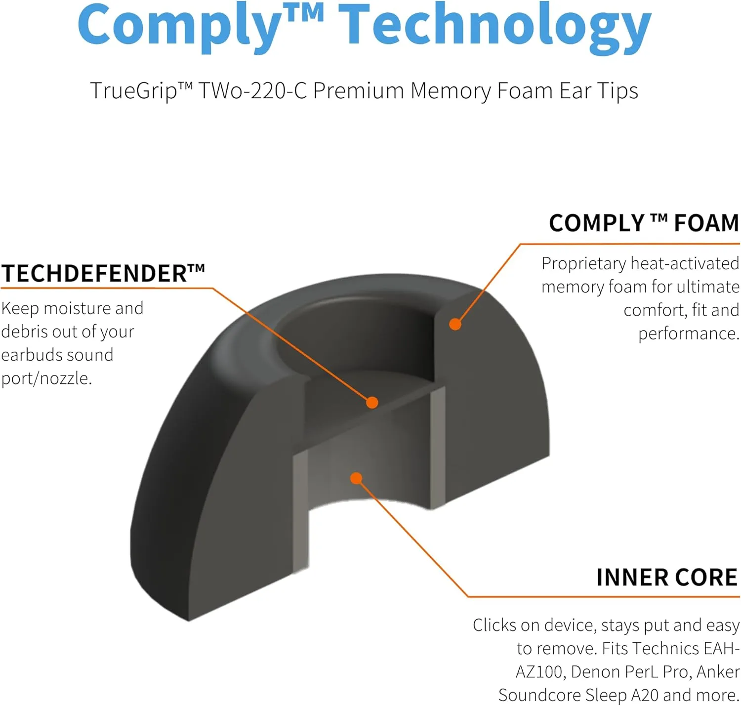 Comply TWo-220-C | Memory Foam Replacement Earbud Tips for Technics EAH-AZ100, Denon PerL Pro, Soundcore, CMF & More | Ultimate Comfort, Secure Fit, Superior Noise Isolation | Black, Large (3 Pairs)