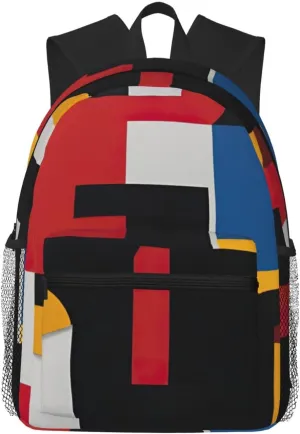 Composition in Red Yellow Blue and Black Print Large Capacity Lightweight Travel Casual Backpack Shoulder Bag Daypack for Men Women